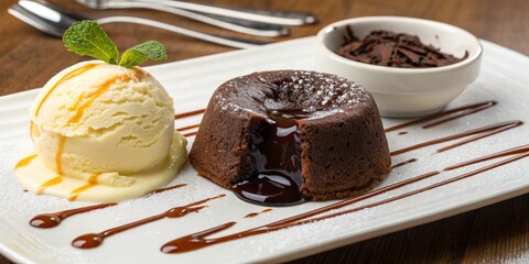 A decadent chocolate lava cake with molten center and vanilla ice cream on the side