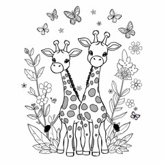 Fototapeta premium Cute Cartoon Giraffes Pair Floral Background Butterflies Whimsical Art Style Kawaii Children's Book Illustration Playful Design