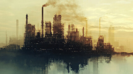 Fototapeta premium Aerial view of oil refinery with complex structures and smoke