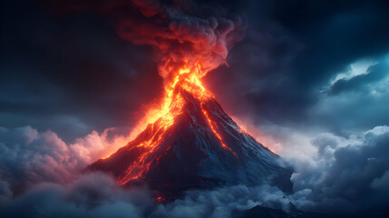 A dramatic volcanic eruption showcasing lava flow and dark clouds, symbolizing nature's raw power and beauty.