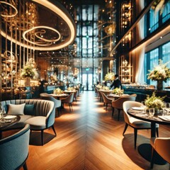 a blurred background of an upscale restaurant with stylish decor 2