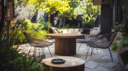 Wooden Table and Metal Chairs in Garden Setting