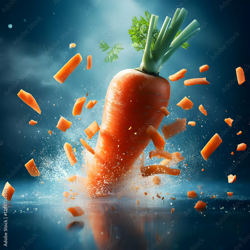 Poster a dynamic image of a carrot exploding with vibrant colors, showcasing freshness and health in an art
