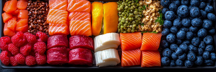 Nutrient-Rich Food Platter: A colorful composition of Salmon, Seeds, Berries, Fruit, and More, ideal for a wellness advertisement