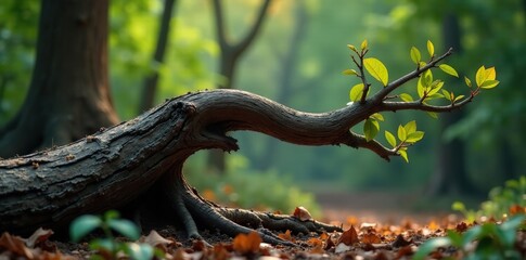 A dead tree branch with exposed roots and decaying leaves, earthy, tree