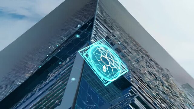 A high-tech building with a glowing digital interface and dynamic data, set against a clear sky, showcasing advanced architecture.
