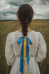 A deeply symbolic and evocative image representing the spirit of Ukraine. A young woman stands in the middle of a vast golden wheat field, her back turned towards the horizon.  