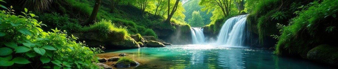 Fototapeta premium Forest river with lush vegetation and waterfall, nature, lush greenery