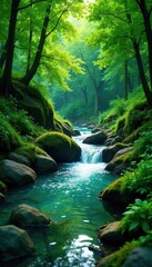 Fototapeta premium Dense foliage surrounds the crystal clear brook, landscape, greenery