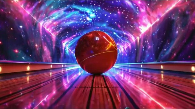 Cosmic bowling with glowing purple lights illuminating polished ball.

