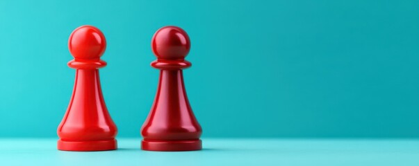 Two red chess pawns stand on a bright turquoise background, symbolizing strategy and competition in the game of chess.