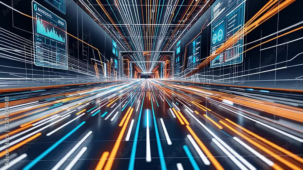 Poster futuristic data tunnel with glowing data streams, digital information, and abstract technology patte