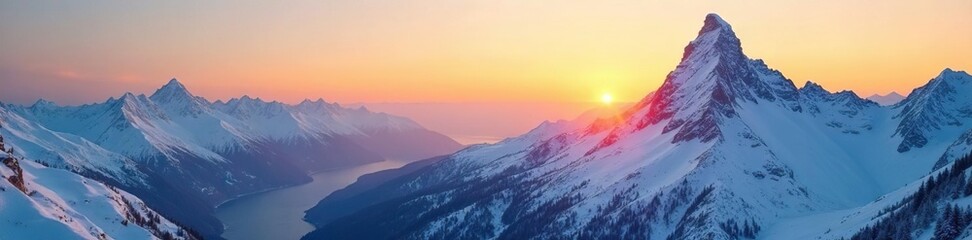 Fototapeta premium Snowy mountainscape with yellow-hued sky at sunset, cold, peaks covered in snow