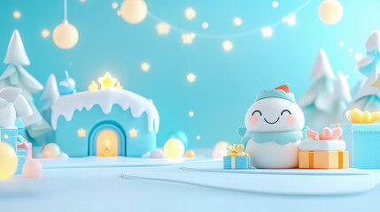 Winter celebration: A cheerful snowman in a festive setting with presents and a snowy house, perfect for holiday greeting card.
