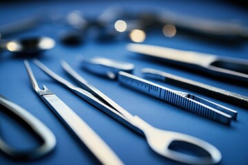 Close-Up of Various Surgical Instruments on Blue Background