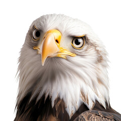 Obraz premium Bald eagle in flight against a solid black background showcasing its majestic wings and fierce expression isolated on transparent background.