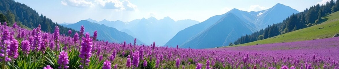 Obraz premium A field of purple flowers grows amidst mountain peaks, natural, mountain