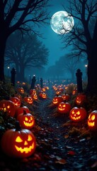 An illuminated pumpkin patch is nestled in the heart of a haunted graveyard, graveyard, illumination, fall