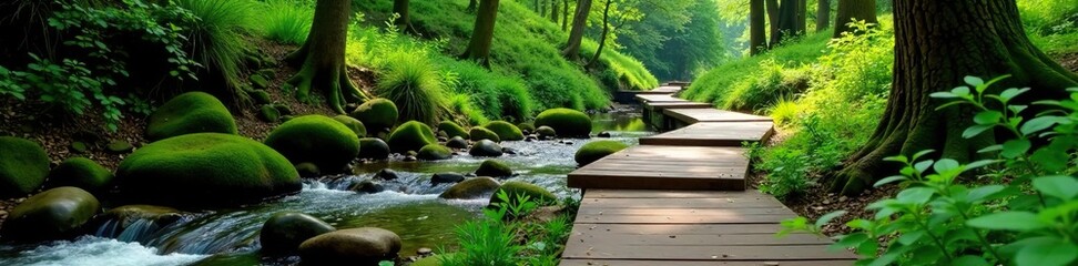 Forest path with wooden steps winding through a babbling brook, peaceful, brook, wooden