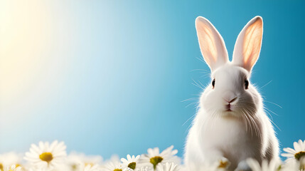 Fototapeta premium A fluffy white rabbit sits among bright daisies under a sunny blue sky, creating a serene and joyful natural scene.