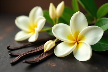 Fototapeta premium Delicate vanilla pods nestled among jasmine flowers, flowers in bloom, scent, vanilla