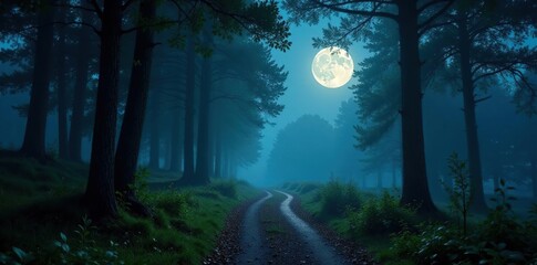 Fototapeta premium Forest path is bathed in soft lunar light, highlighting intricate details of nature, night, mist