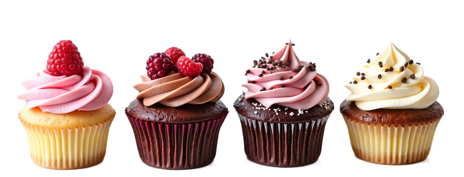 Delicious assorted cupcakes isolated on transparent background. Perfect for bakery menus, dessert promotions, party invites, food blogs, and sweet treat designs.