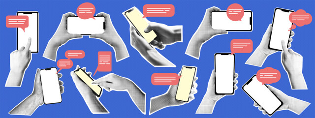Set of y2k dotted halftone hand sticker holding mobile phone or smartphone, newspaper cutout collage element in retro pop art style and torn paper of finger touch or click on text message box. Symbol.