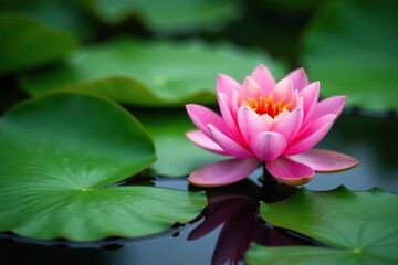 Pink flower blooming on a green water lily pad, pad, floral