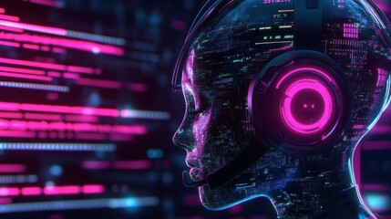 D cybernetic AI humanoid navigating a neon-lit metaverse filled with holographic tech.