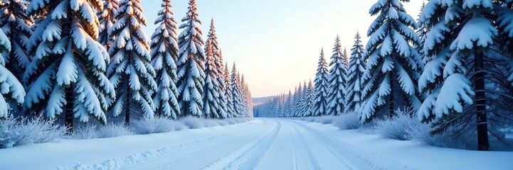 Frozen forest landscape with snow-covered trees and empty road, isolated, snow