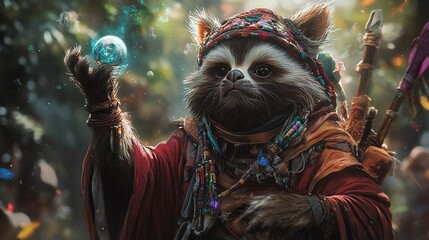 Mystical Creature Spiritual Practice in Traditional Garb Standing Proudly in a Lush Forest Setting