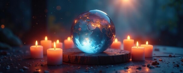 Fototapeta premium Candles surrounding a crystal ball with a glowing global in the distance, otherworldly, mystical