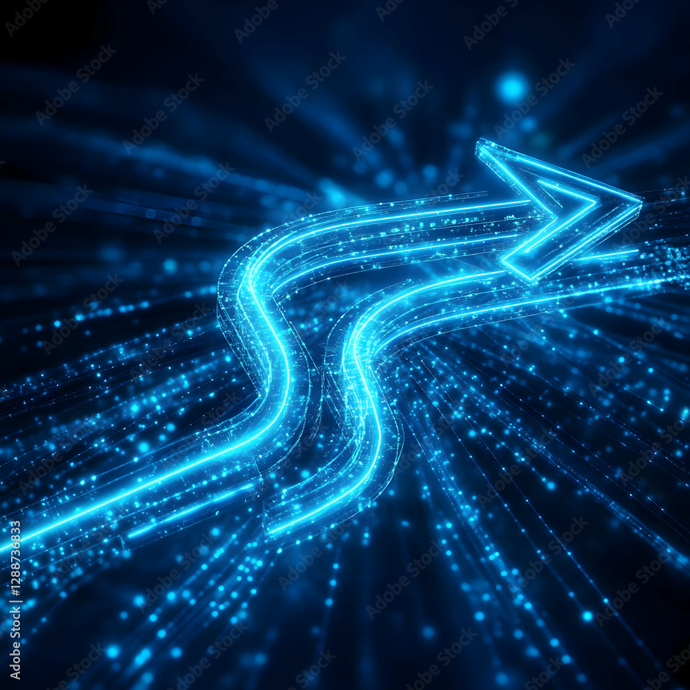 Poster a glowing abstract arrow design symbolizing progress and innovation in a digital world with light tr