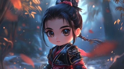 Enchanting Young Nezha Girl in Traditional Attire Surrounded by Magical Flames and Lights