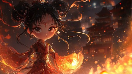 Enchanting Young Nezha Girl in Traditional Attire Surrounded by Magical Flames and Lights