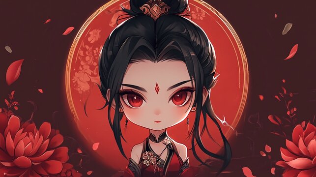 Enchanting Young Nezha Girl in Traditional Attire Surrounded by Magical Flames and Lights