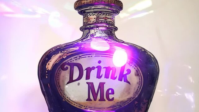 Mysterious vintage bottle labeled "Drink Me" glowing with magical light.