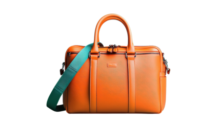 Orange leather briefcase with a modern design on a neutral background for business and travel isolated on transparent background.