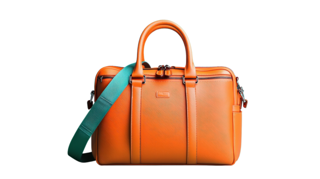 Orange leather briefcase with a modern design on a neutral background for business and travel isolated on transparent background.