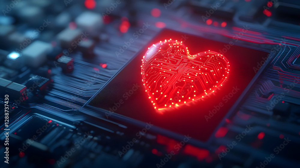 Poster a glowing red heart on a circuit board, symbolizing the connection between technology and emotions.