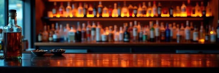 Low-lit bar with wooden counter and glass bottles, table, dark