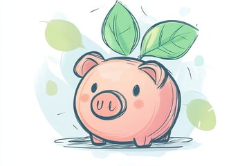 Fototapeta premium Cute Piggy Bank with Green Leaves Symbolizing Savings and Growth
