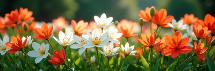 Fototapeta premium White and orange-red flowers forming a crown shape, white flowers, nature, botanical garden