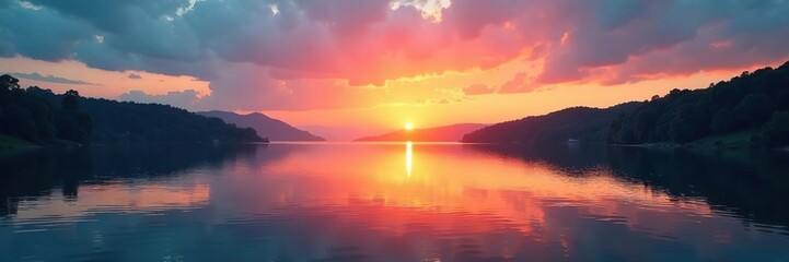 Fototapeta premium Sunset over a tranquil lake with orange hues in the sky and blue waters below, sky, nature, water