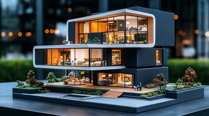 Modern architectural model showcasing innovative design and intricate details in urban setting at twilight
