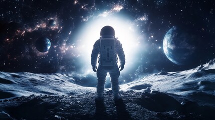 Obraz premium Astronaut Standing on a Lunar Surface with Cosmic Wonders in the Background