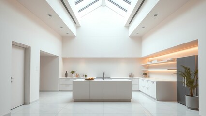 Fototapeta premium Minimalist Kitchen Design with Skylights, Open Space, and Sleek Cabinets