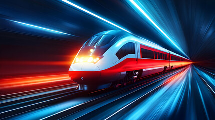 Fototapeta premium A high-speed train zooming through a brightly lit tunnel, showcasing motion and technology in modern transportation.