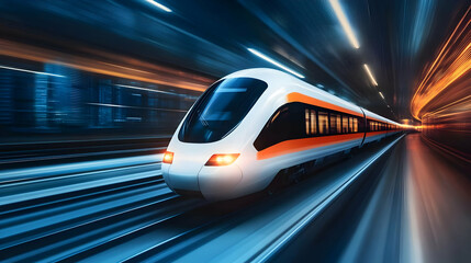 Fototapeta premium A high-speed train accelerates through a blurred landscape, showcasing modern technology and swift travel. Dynamic and vibrant.